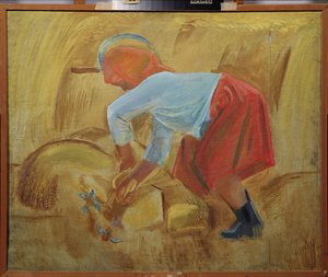 Une moissonneuse avec une faucille sur la tête - Unknown artist
