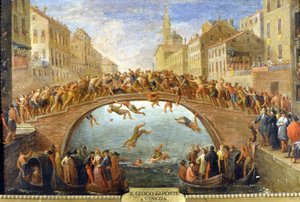 Venise, le jeu du pont. Peinture anonyme. 18ème siècle. Collection privée.