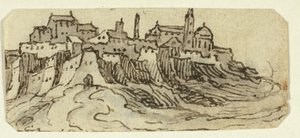 Vue de la ville colline avec cathédrale - Unknown artist