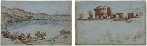 Vue du lac de Nemi (recto) Petit groupe de ruines romaines (verso)