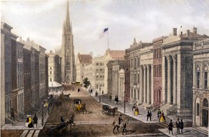 Vue de New York : vue de Wall Street depuis William Street. Lithographie sd. vers le milieu du 19ème siècle.