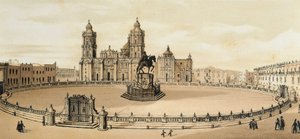 Vue de la place Zócalo et de la cathédrale à Mexico, Mexique. Lithographie de la fin du XIXe siècle - Unknown artist