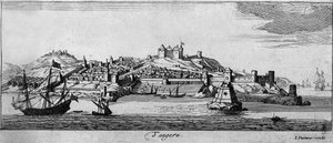 Vue de la ville fortifiée de Tanger et de la côte, Maroc. Gravure du 18ème siècle - Unknown artist