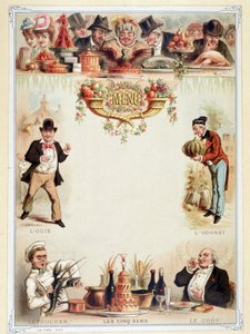 Menu vierge, illustrant les cinq sens - chromolithographie, fin 19e siècle