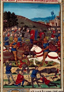 Guerre de la Ligue du Bien public : la bataille de Montlhéry le 16/07/1465 entre Louis XI et Charles, comte de Charolais (futur Charles le Téméraire). Miniature illuminée du manuscrit « Vigiles du roi Charles VII » - Unknown artist