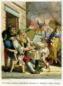 « Qui veut jouir de la vie et bien vivre doit prendre le monde comme il vient ». Collection de proverbes, gravure de la fin du 18ème siècle.