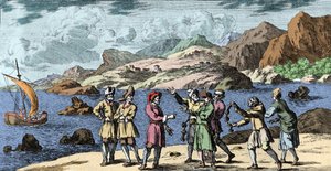 Sorcières et croyances : Finlandais et Samis provoquant une tempête par la magie de trois nœuds. Gravure de "Mundi Mirabilis Oeconomia" par Johann Zahn (1631-1707) - Unknown artist