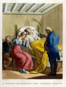 « Les larmes de femme, fontaine de malice. Regarder une femme pleurer. » Gravure du 18ème siècle illustrant une série de proverbes