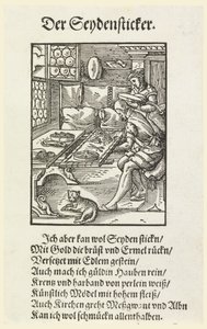 Gravure sur bois (fac-similé) : Une brodeuse au travail