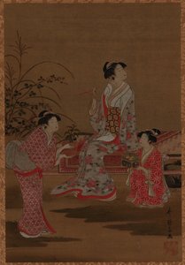 Jeune femme, avec deux servantes, assise dans un jardin - Unknown artist