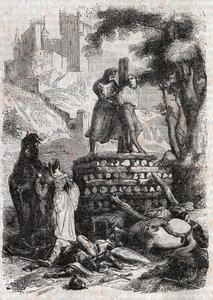 Zerbin sur le bûcher, délivré par Roland - gravure de 1851 de « Roland furieux » - Unknown artist
