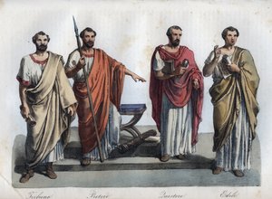 Magistrats de la Rome antique - Tribunus (Tribun) - praetor (Préteur) (Magistrat) - Quaestores (Questeurs) - aediles (édiles) gravure de « Usi e Costumi di Tutti i Popoli dell