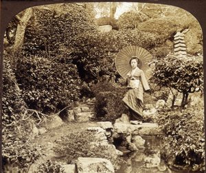 Parapluie kimono japonais dans un jardin - photographie, fin 19ème siècle - Unknown photographer