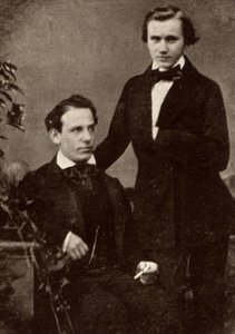 Johannes Brahms (1833-1897) compositeur allemand, debout, avec le violoniste hongrois réfugié, Eduard Remenyi (1828-1898), avec qui il est parti en tournée
