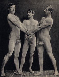 Le Serment des Horaces, pose de trois hommes nus prêtant serment. Photographie, fin du 19ème siècle, Paris. Coll. Selva. - Unknown photographer