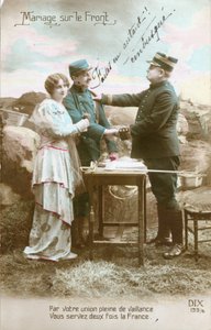 Carte postale de la Première Guerre mondiale, mariage au recto d