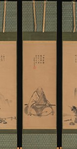 Maître Zen avec bâton de méditation, et paysages de style chinois, probablement fin des années 1620-1644 - Unkoku Toeki