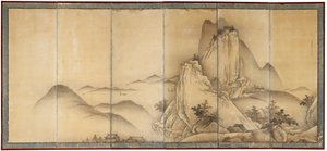 Paysage avec voyageurs sur des chemins de montagne