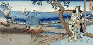 Le prince Genji regardant à la plage de Suma - Utagawa  Hiroshige and Kunisada