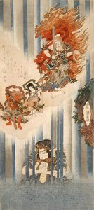 Acteurs Ichikawa Danjuro VII comme Mongaku et Matsumoto Koshiro V comme Fudo-myoo (en haut) - Utagawa Kunisada