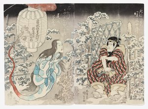 Seki Sanjūrō II en tant que Kamiya Niemon et Onoe Kikugorō III de Kamigata (Kudari) en tant que fantôme de la lanterne, Applaudi dans les trois villes