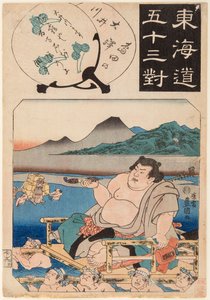 Le fleuve Oi (traversé par un lutteur de sumo assis sur une chaise à porteurs) - Utagawa Kunisada