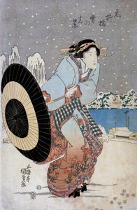 Scène de neige nocturne au pont Motonoyanagi, vers 1825 - Utagawa Kunisada