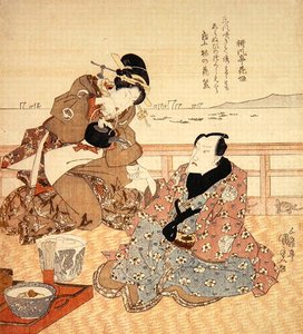Onoe Kikugoro III prenant le thé à Shinagawa, vers 1825 (impression sur bois en couleur) - Utagawa Kunisada