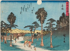 Akasaka, de la série "Les cinquante-trois stations du Tokaido (Tokaido gojusan tsugi)", également connue sous le nom de Tokaido avec poème (Kyoka iri Tokaido) - Utagawa Hiroshige