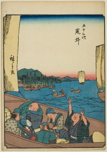 Arai, de la série "Les Cinquante-trois Stations [du Tokaido] (Gojusan tsugi)," également connue sous le nom de Tokaido Figure (Jinbutsu Tokaido) - Utagawa Hiroshige