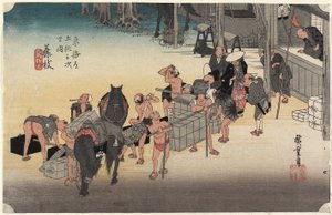 Changement de porteurs et de chevaux, Fujieda, vers 1833