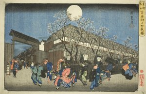 Fleurs de cerisier la nuit sur Nakanocho à Yoshiwara (Yoshiwara Nakanocho yozakura), de la série "Lieux célèbres de la capitale orientale (Toto meisho)" - Utagawa Hiroshige