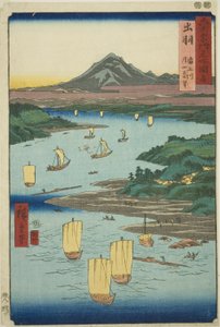 Province de Dewa : Rivière Mogami et Vue Lointaine du Mont Gassan (Dewa, Mogamigawa, Gassan enbo), de la série "Lieux célèbres des soixante provinces (Rokujuyoshu meisho zue)" - Utagawa Hiroshige