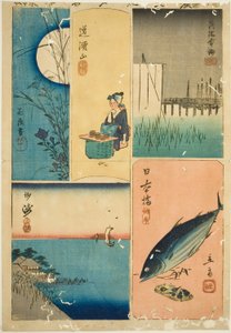 Pont Eitai, Pont Nihon, Susaki, Jardin de Fleurs, et Colline Dokan (Eitaibashi, Nihonbashi, Susaki, Hanayashiki, Dokanyama), de la série "Découpages de Lieux Célèbres à Edo (Harimaze Koto meisho)"