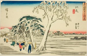 Ejiri : Vue lointaine du port de Shimizu par temps clair après une chute de neige, de la série "Les cinquante-trois stations du Tokaido" - Utagawa Hiroshige
