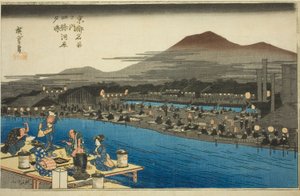 Profiter de la fraîcheur du soir sur le lit de la rivière à Shijo, de la série "Lieux célèbres de Kyoto" - Utagawa Hiroshige