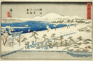 Neige du soir à Mimeguri, Huit vues de la rivière Sumida (Sumidagawa hakkei, Mimeguri bosetsu), de la série "Lieux célèbres de la capitale orientale (Toto meisho no uchi)" - Utagawa Hiroshige