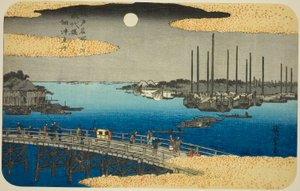 Bateaux de pêche près du pont Eitai dans la baie de Tsukuda (Eitaibashi Tsukuda oki isaribune), de la série "Lieux célèbres d