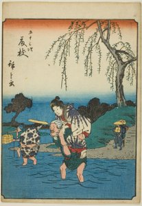 Fujieda, de la série "Les cinquante-trois stations [du Tokaido] (Gojusan tsugi)," également connue sous le nom de Figure Tokaido (Jinbutsu Tokaido) - Utagawa Hiroshige