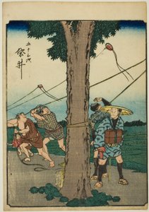 Fukuroi, de la série "Les cinquante-trois stations [du Tokaido] (Gojusan tsugi)", également connue sous le nom de Tokaido avec figures (Jinbutsu Tokaido)