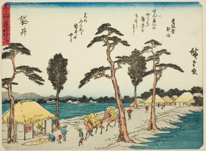 Fukuroi, de la série "Les cinquante-trois stations du Tokaido (Tokaido gojusan tsugi)", également connue sous le nom de Tokaido avec poème (Kyoka iri Tokaido) - Utagawa Hiroshige