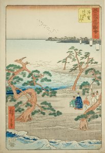 Hamamatsu : Les célèbres pins murmurants (Hamamatsu, meisho zazanza no matsu), n° 30 de la série « Vues célèbres des cinquante-trois stations (Gojusan tsugi meisho zue) », également connue sous le nom de Tokaido vertical - Utagawa Hiroshige