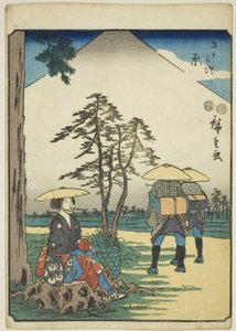 Hara, de la série "Cinquante-trois stations [du Tokaido] (Gojusan tsugi)," également connue sous le nom de Figure Tokaido (Jinbutsu Tokaido) - Utagawa Hiroshige