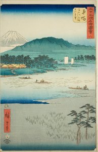 Hiratsuka : Traversée de la rivière Banyu et vue lointaine du mont Oyama, no. 8 de la série "Vues célèbres des cinquante-trois stations"