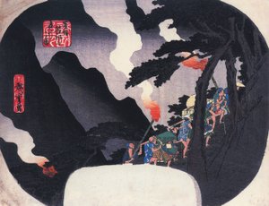 Hiroshige Voyageurs sur un chemin de montagne la nuit