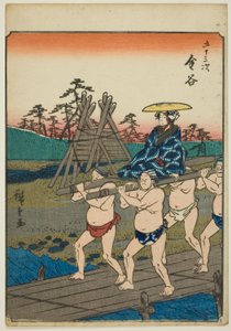 Kanaya, de la série "Cinquante-trois stations [du Tokaido] (Gojusan tsugi)," également connue sous le nom de Figure Tokaido (Jinbutsu Tokaido)