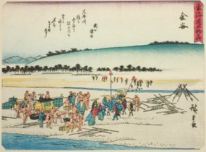 Kanaya, de la série "Les cinquante-trois stations du Tokaido (Tokaido gojusan tsugi)," également connue sous le nom de Tokaido avec poème (Kyoka iri Tokaido) - Utagawa Hiroshige