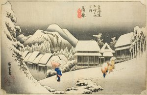 Kanbara : Neige du soir (Kanbara, yoru no yuki), de la série "Cinquante-trois stations du Tokaido (Tokaido gojusan tsugi no uchi)", également connue sous le nom de Tokaido Hoeido - Utagawa Hiroshige