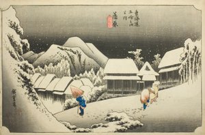 Kanbara: Neige du Soir (Kanbara, yoru no yuki), de la série "Les Cinquante-trois Stations du Tokaido (Tokaido gojusan tsugi no uchi)," également connue sous le nom de Hoeido Tokaido