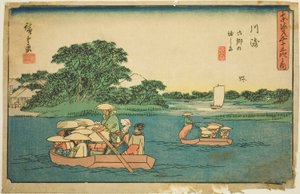 Kawasaki : Bateaux de ferry à Rokugo (Kawasaki, Rokugo no watashibune), de la série "Les cinquante-trois stations du Tokaido (Tokaido gojusan tsugi no uchi)", également connue sous le nom de Gyosho Tokaido - Utagawa Hiroshige
